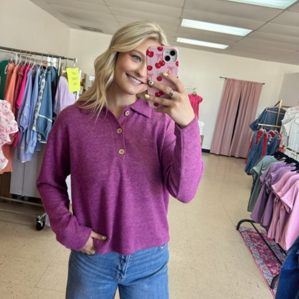 NWT Zenana Outfitters Purple plum Casual Button Down Sweater Small And Medium